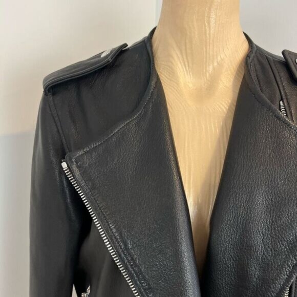 Zara Studio Women’s XS/S Black Goat Leather Motorcycle Jacket Oversized Rock - Picture 2 of 16